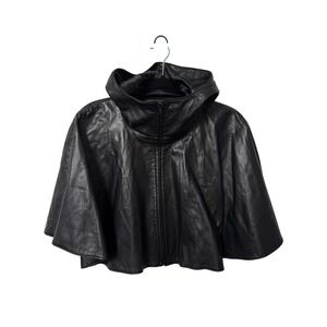 Vintage Neto Black Leather Hooded Cape Silk Lined Zip Front Poncho Made Canada